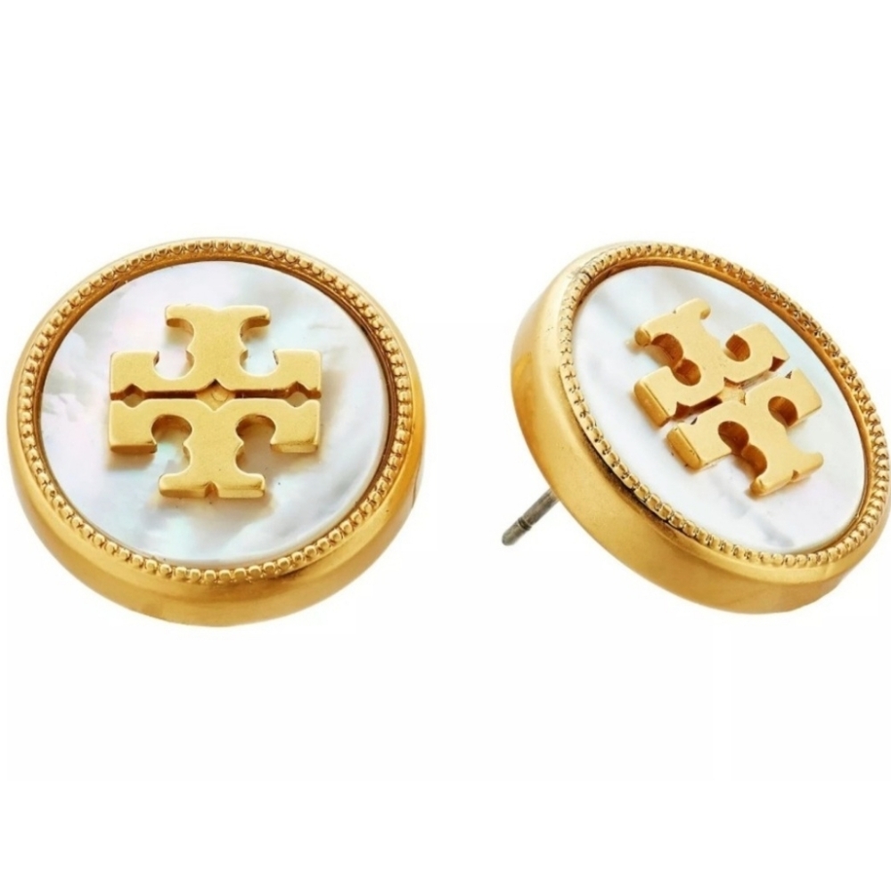 Tory Burch semiprecious ivory round button stud logo earrings - Picture 3 of 9
